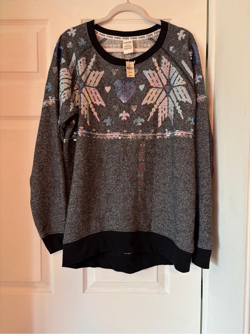 NWT PINK Victoria's Secret Gray Sequin Fair Isle Crewneck Sweatshirt